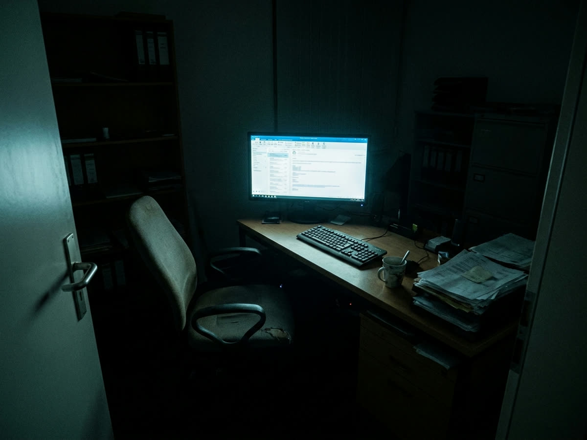 Ein leerer Schreibtisch am Abend, der Monitor als einzige Lichtquelle.